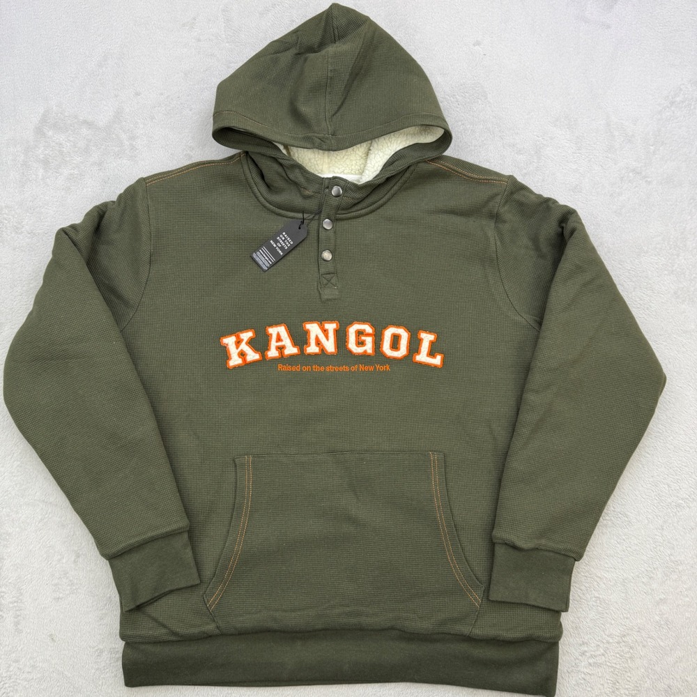 Kangol Hoodie Mens XL Green Waffle Sherpa Lined Hooded Pullover Streetwear